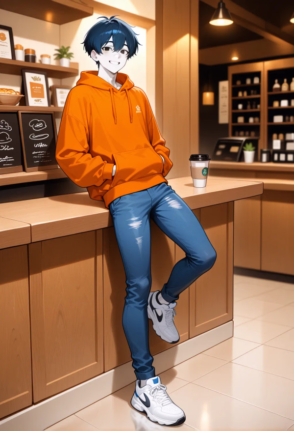 30313 coffee%20shop wearing%20a%20Orange%20hoodie%2C%20wearing%20Blue%20jeans%2C%20wearing%20White%20sneakers sitting side lean happy 1759503263722