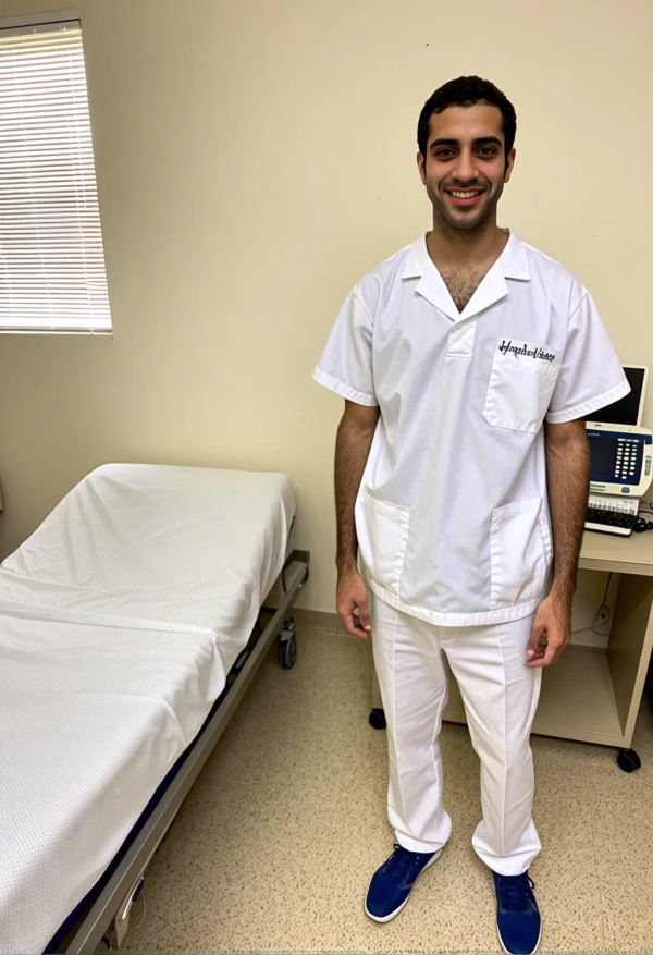 30317 hospital wearing%20a%20office%20White%20%23%23occupation%23%23%20uniform%2C%20wearing%20Blue%20sneakers sitting side lean happy 1759504337632