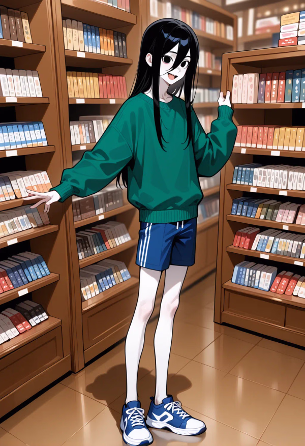 30318 bookstore wearing%20a%20Green%20sweater%2C%20wearing%20Blue%20shorts%2C%20wearing%20Navy%20sneakers sitting side lean happy 1759504527047