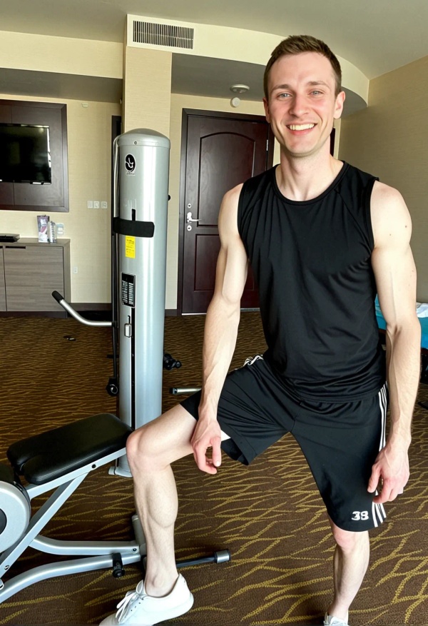 30322 hotel wearing%20Black%20gym%20clothes%2C%20active%20wear%2C%20wearing%20White%20sneakers deep cut dress happy 1759505267140