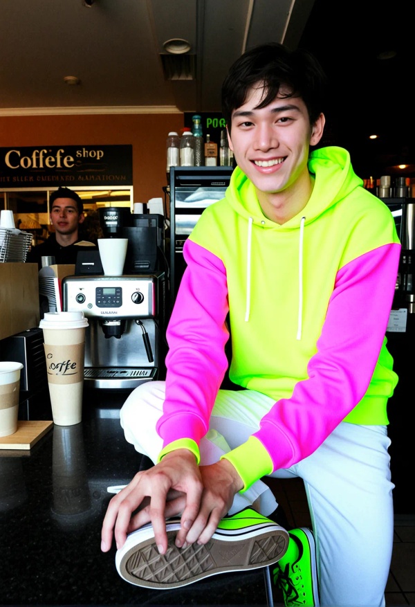 30323 coffee%20shop wearing%20a%20Neon%20hoodie%2C%20wearing%20White%20jeans%2C%20wearing%20Neon%20sneakers flexing muscles happy 1759505404616