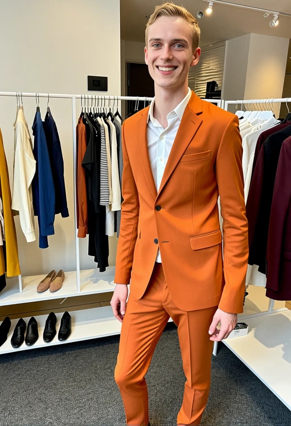 30324 clothing%20boutique wearing%20office%20Orange%20suit%2C%20wearing%20Maroon%20dress%20shoes sitting tits happy 1759505703895