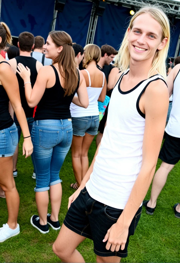 30327 music%20festival wearing%20a%20%20tank%20top%2C%20wearing%20Black%20Denim%20shorts%2C%20wearing%20Black%20sneakers full body happy 1759506112205