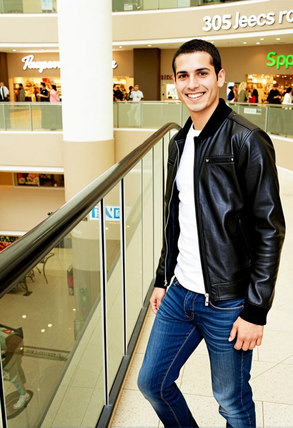 30329 shopping%20mall wearing%20a%20Black%20Leather%20jacket%2C%20wearing%20Blue%20jeans%2C%20wearing%20White%20sneakers deep cut dress happy 1759507114500