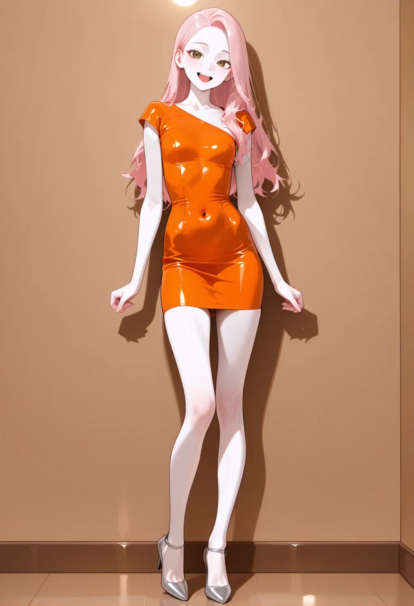 30372 art%20gallery wearing%20a%20Orange%20Nylon%20dress%2C%20wearing%20Gray%20high%20heels sitting hands between legs happy 1759562491566