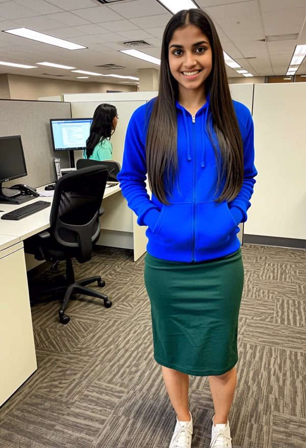 30379 corporate%20office wearing%20a%20Blue%20hoodie%2C%20wearing%20a%20office%20Green%20skirt%2C%20wearing%20White%20sneakers open legs pull underwear happy 1759563167320