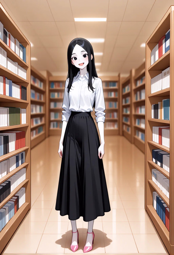 30382 library wearing%20office%20White%20shirt%2C%20wearing%20a%20Black%20long%20skirt%2C%20wearing%20Pink%20high%20heels standing hands on head happy 1759563580344