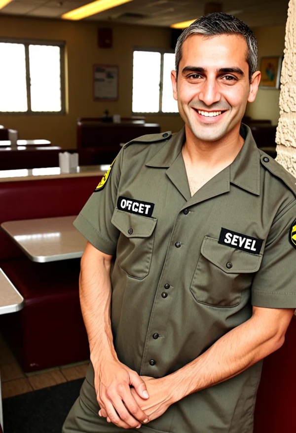 33686 restaurant wearing%20a%20office%20%20%23%23occupation%23%23%20uniform%2C%20wearing%20%20dress%20shoes sitting side lean happy 1768978918216