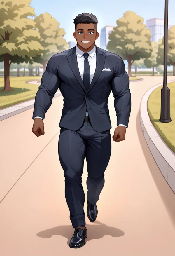 33697 public%20park wearing%20office%20%20suit%2C%20wearing%20%20dress%20shoes flexing muscles happy 1769065353901