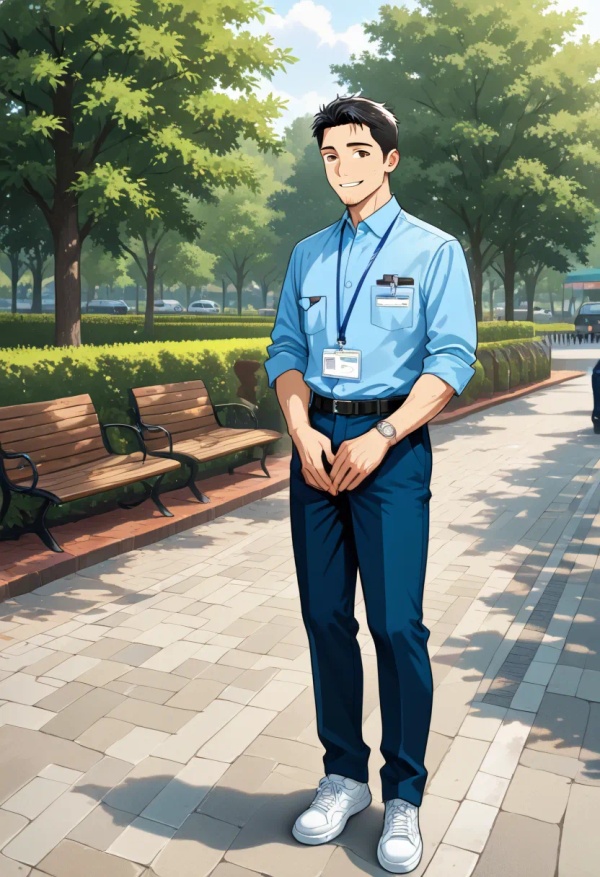 36766 public%20park office%20%20%23%23occupation%23%23%20uniform%2C%20sneakers%2C%20blue%20jeans sitting side lean happy 1778306631030