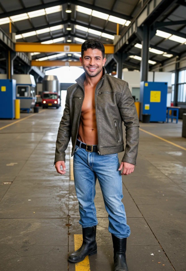 36841 industrial%20factory wearing%20a%20%20jacket%2C%20wearing%20%20jeans%2C%20wearing%20%20boots full body happy 1778392980464