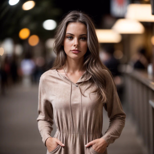 52 bar wearing%20a%20Beige%20Suede%20dress standing hands in pockets neutral 1721842609991