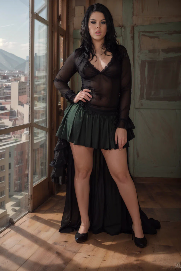 helen full body standing up looking at the camera classroom class college university school green green long skirt 1713696107777 bio